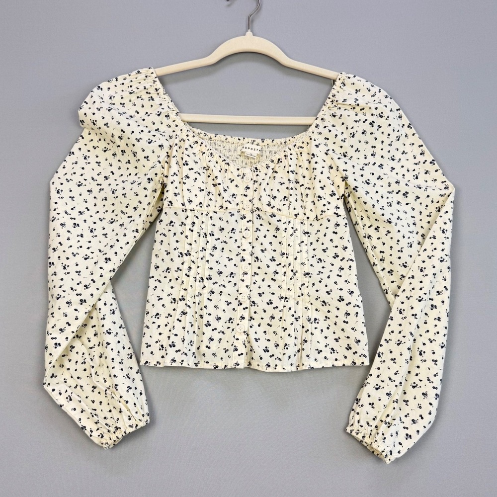 NWOT Aeropostale Button Front Smocked Back Puff Sleeve Blouse Blue Floral Cream